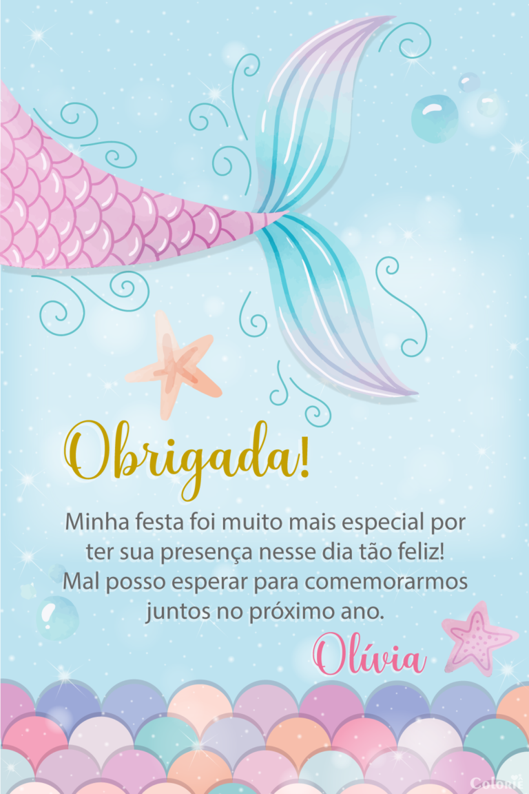 Cartão de agradecimento de sereia azul com escamas para festa de aniversário