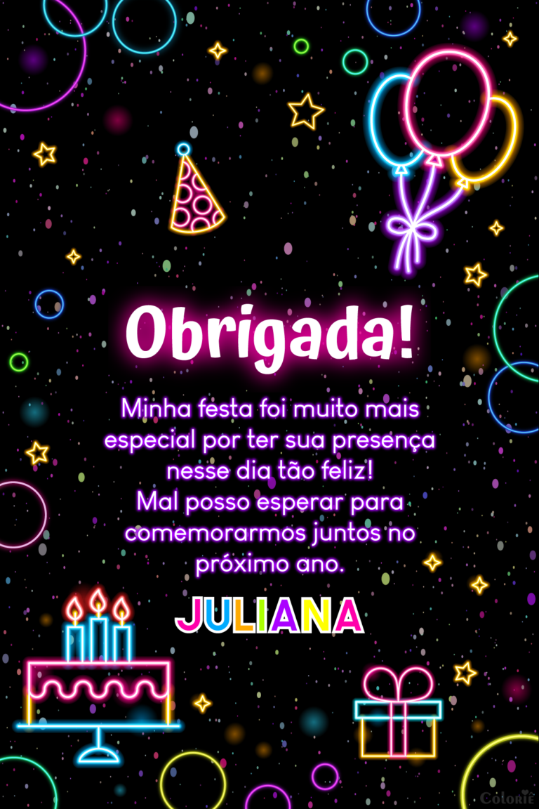 Cartão de agradecimento neon de aniversário com balões e bolo