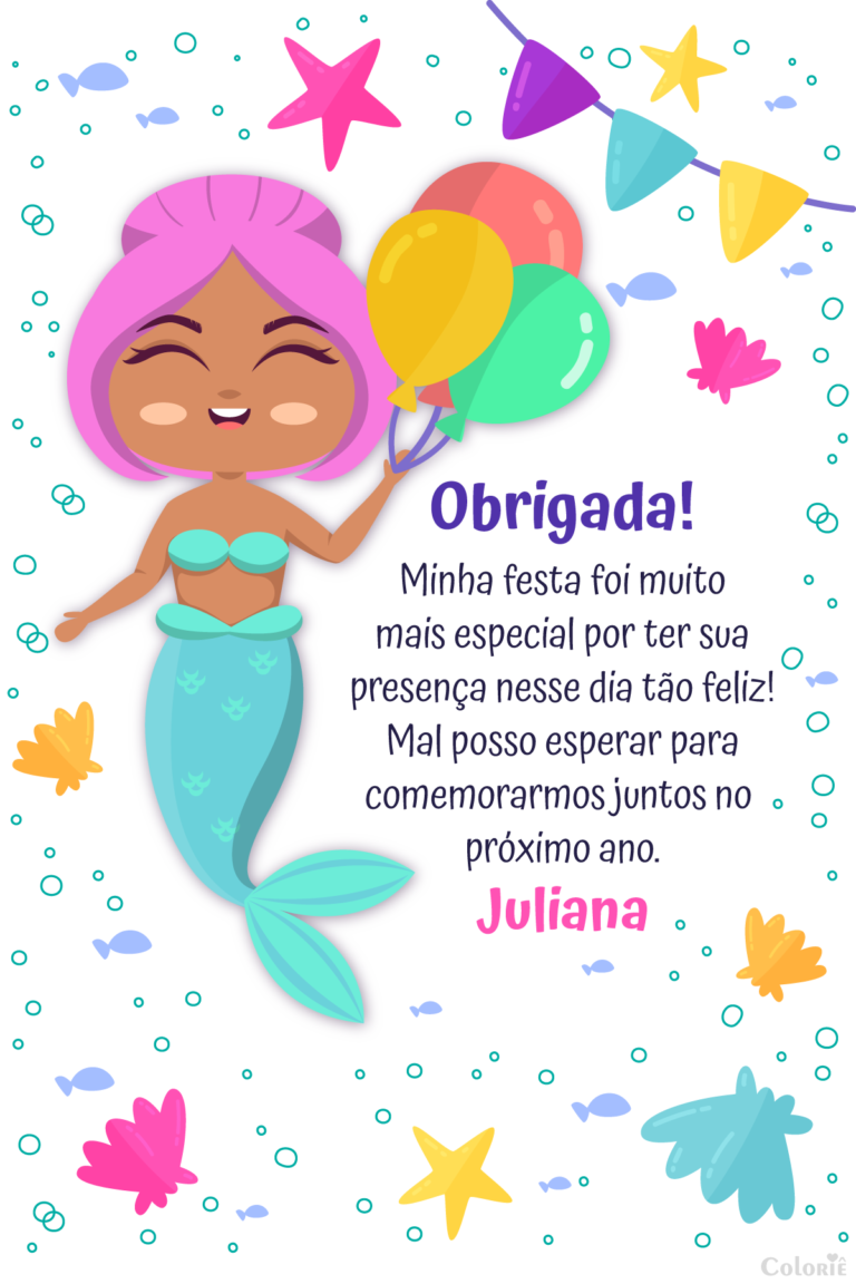 Cartão de agradecimento de sereia com peixes, algas e concha