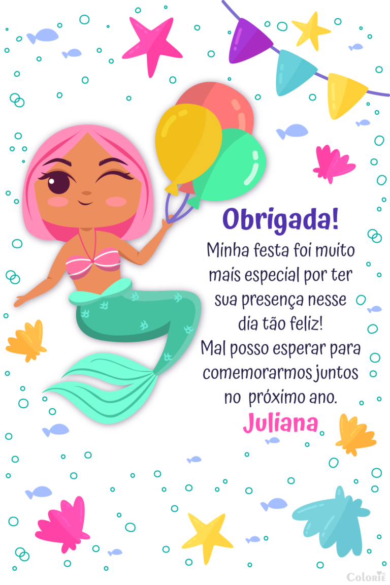 Cartão de agradecimento de sereia com balões e conchas coloridas