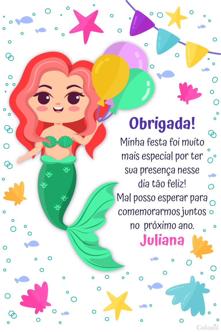 Cartão de agradecimento de sereia com balões e conchas