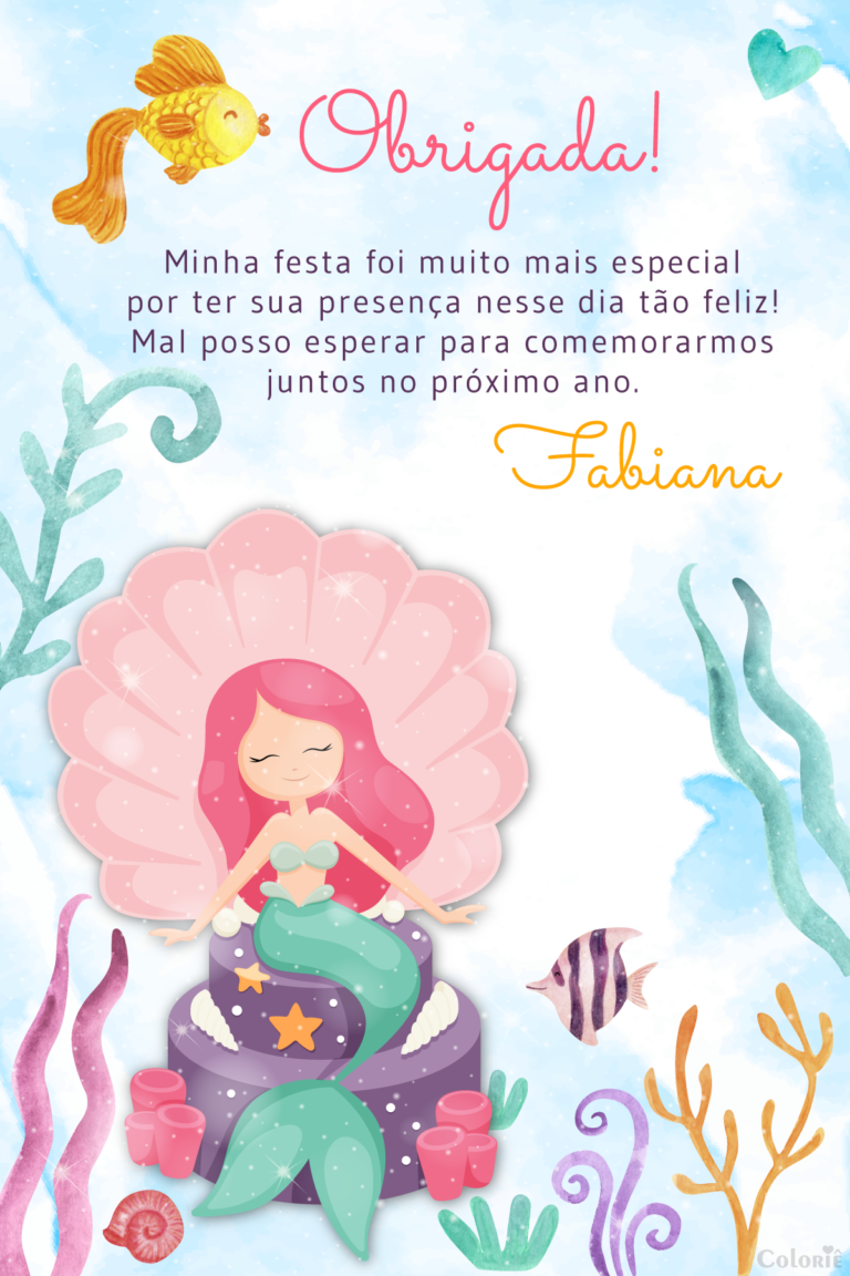 Cartão de agradecimento de sereia com fundo do mar e tesouro
