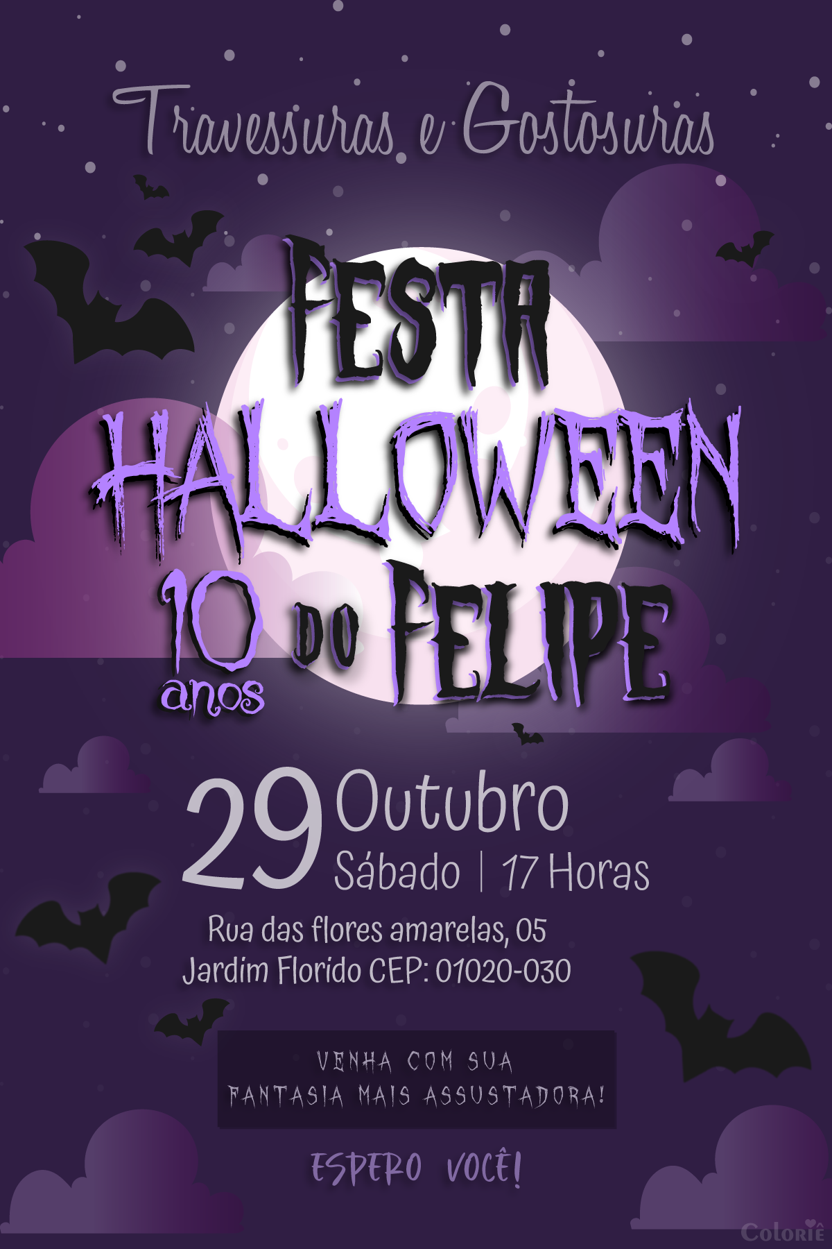 Convite digital de Halloween com lua e morcegos para festa