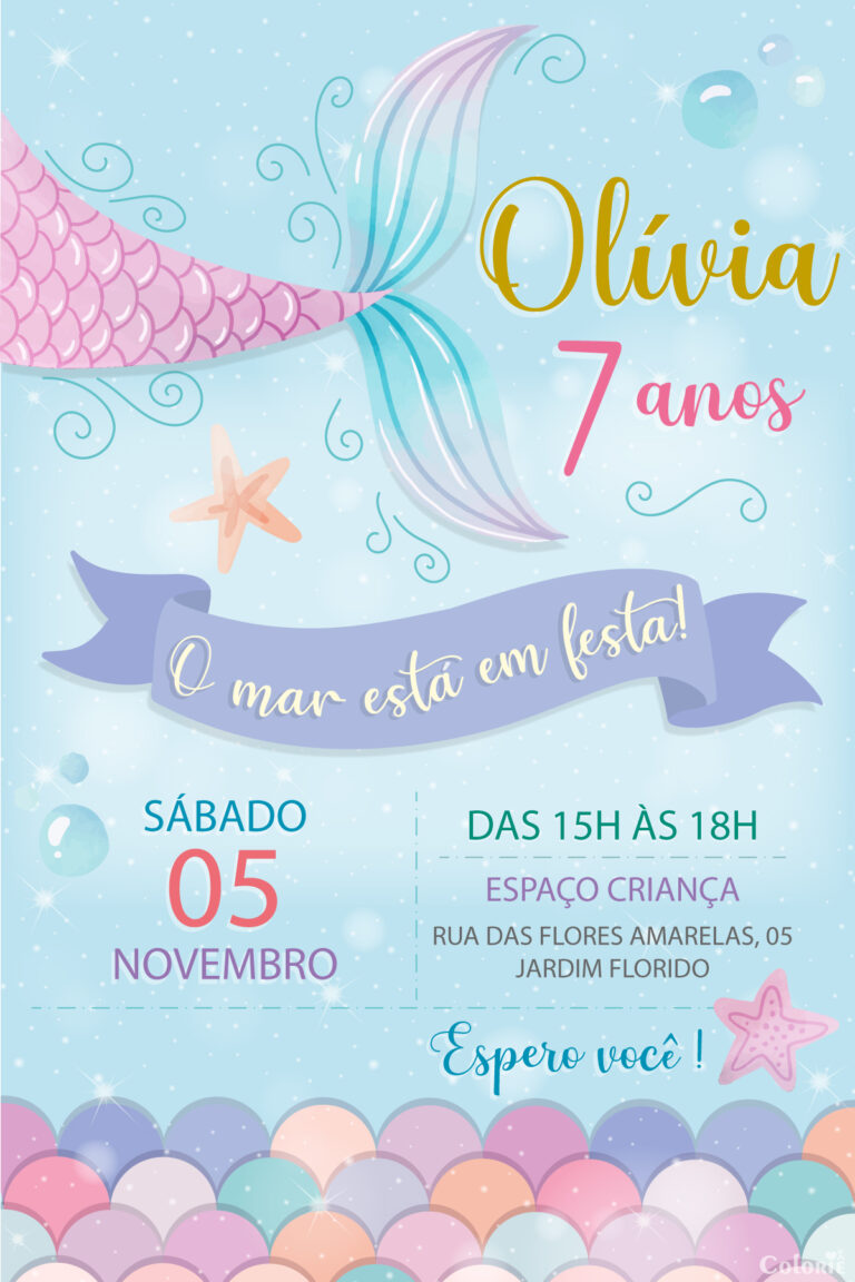 Convite digital de sereia azul com escamas para festa de aniversário