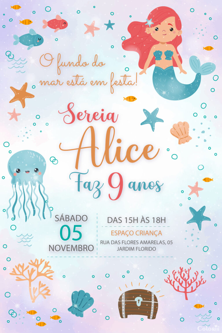 Convite digital de sereia com fundo do mar e tesouro para festa de aniversário
