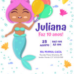 Convite digital de sereia com peixes, algas e concha para festa