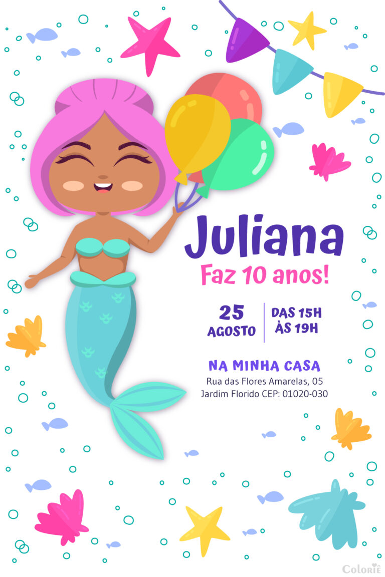Convite digital de sereia com peixes, algas e concha para festa