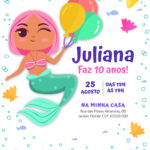 Convite digital de sereia com balões e conchas coloridas para festa