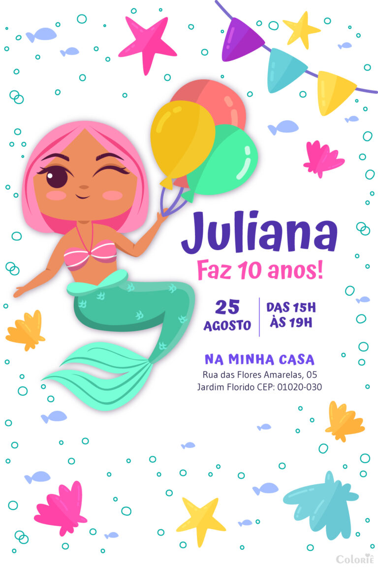 Convite digital de sereia com balões e conchas coloridas para festa
