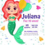 Convite digital de sereia com balões e conchas para festa de aniversário