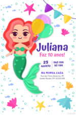 Convite digital de sereia com balões e conchas para festa de aniversário