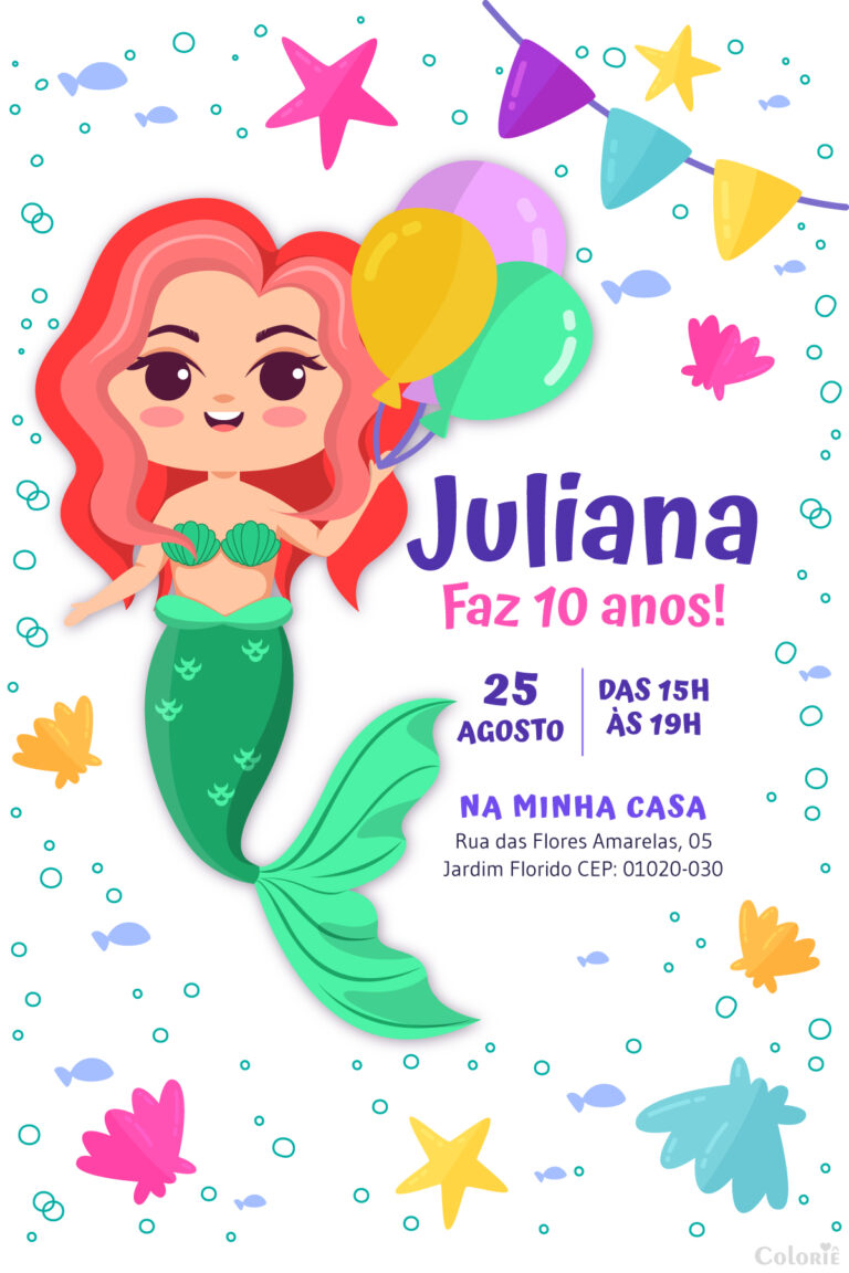 Convite digital de sereia com balões e conchas para festa de aniversário
