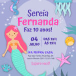 Convite digital de sereia lilás com algas e animais marinhos para festa