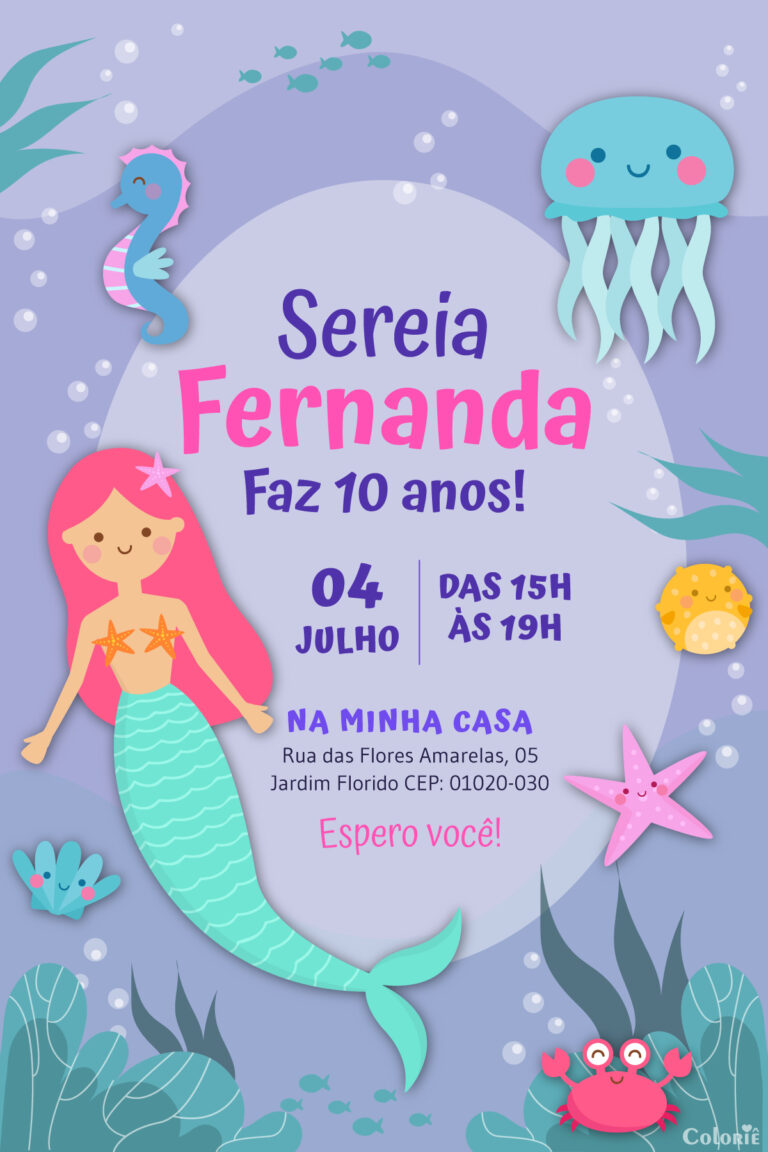 Convite digital de sereia lilás com algas e animais marinhos para festa