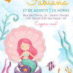 Convite digital de sereia com fundo do mar e tesouro para festa de aniversário