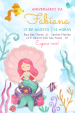 Convite digital de sereia com fundo do mar e tesouro para festa de aniversário