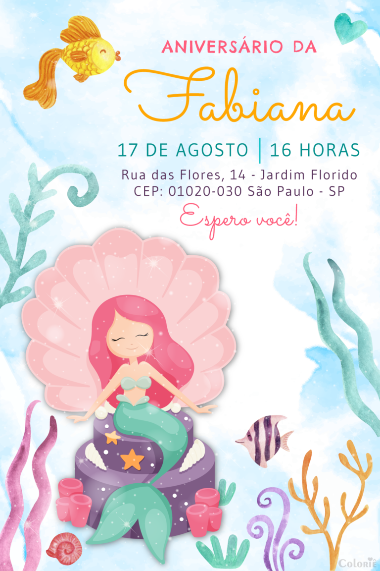 Convite digital de sereia com fundo do mar e tesouro para festa de aniversário