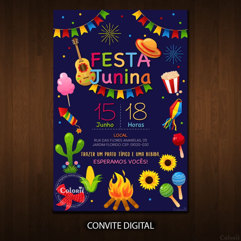 convite-azul-escuro-com-ilustrações-coloridas-de-festa-junina