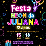 Convite digital neon de aniversário com balões e bolo para festa