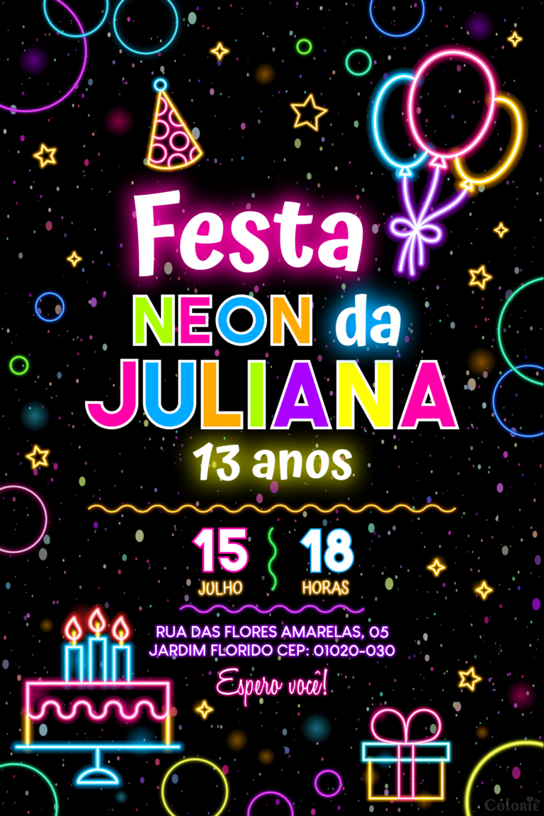 Convite digital neon de aniversário com balões e bolo para festa