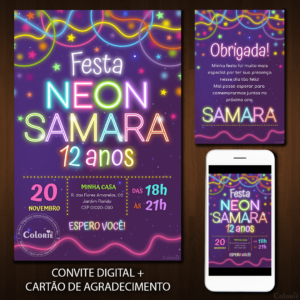 Convite Digital Neon: Colorido Infantil Estrelado + Brinde