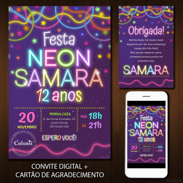 Convite Digital Neon: Colorido Infantil Estrelado + Brinde
