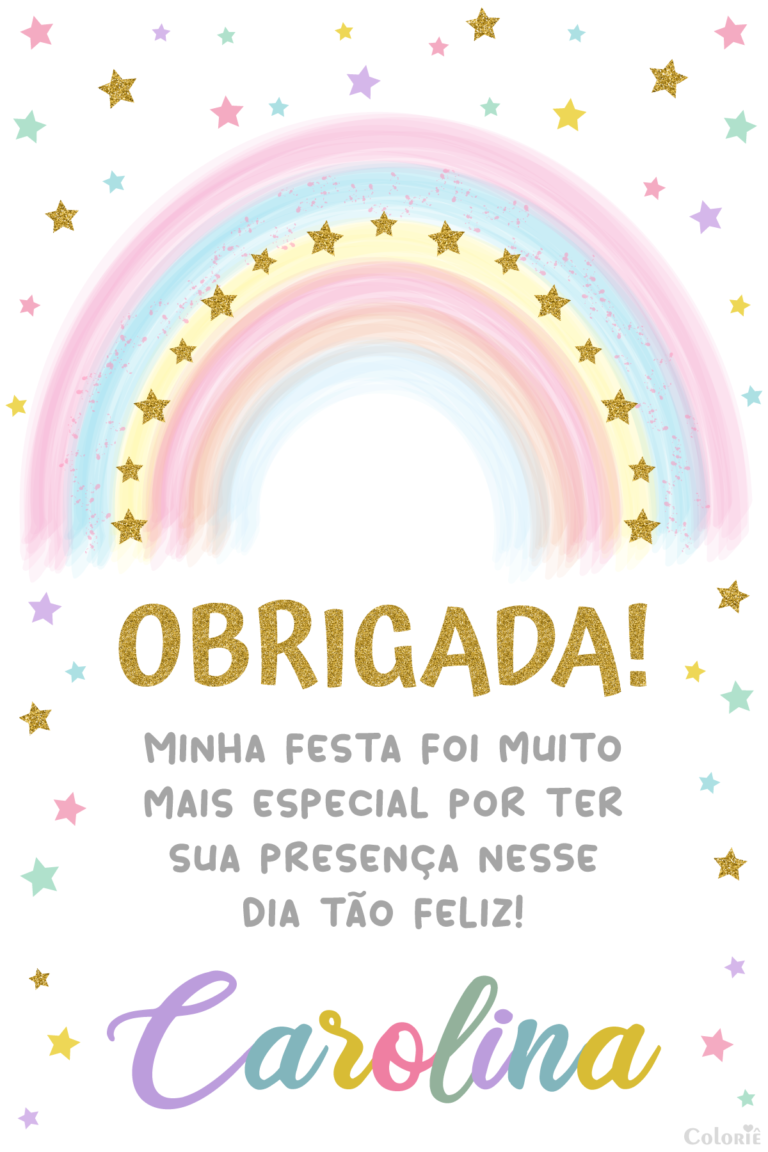 Cartão de agradecimento de arco-íris com estrelinhas coloridas