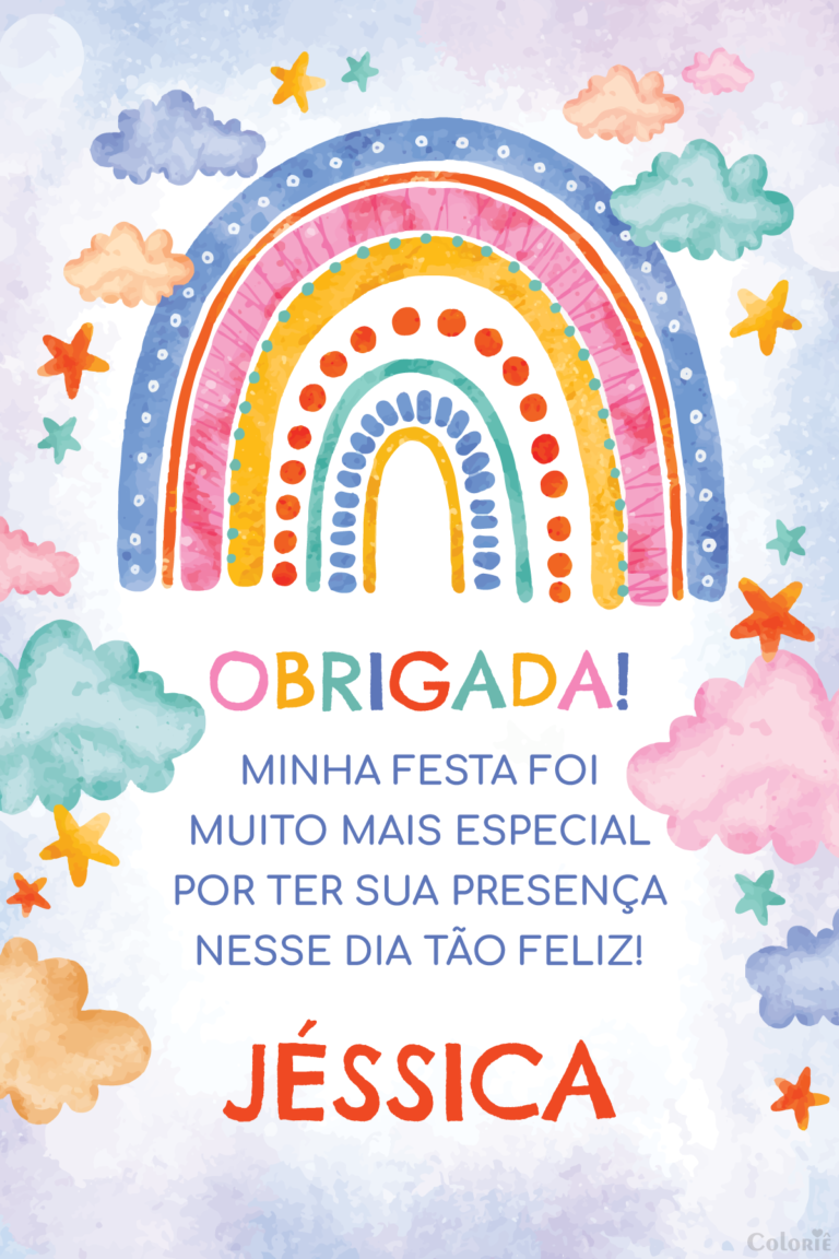 Cartão de agradecimento de arco-íris com nuvens coloridas