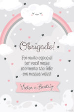 Cartão de agradecimento de chá de bebê com arco-íris rosa e cinza