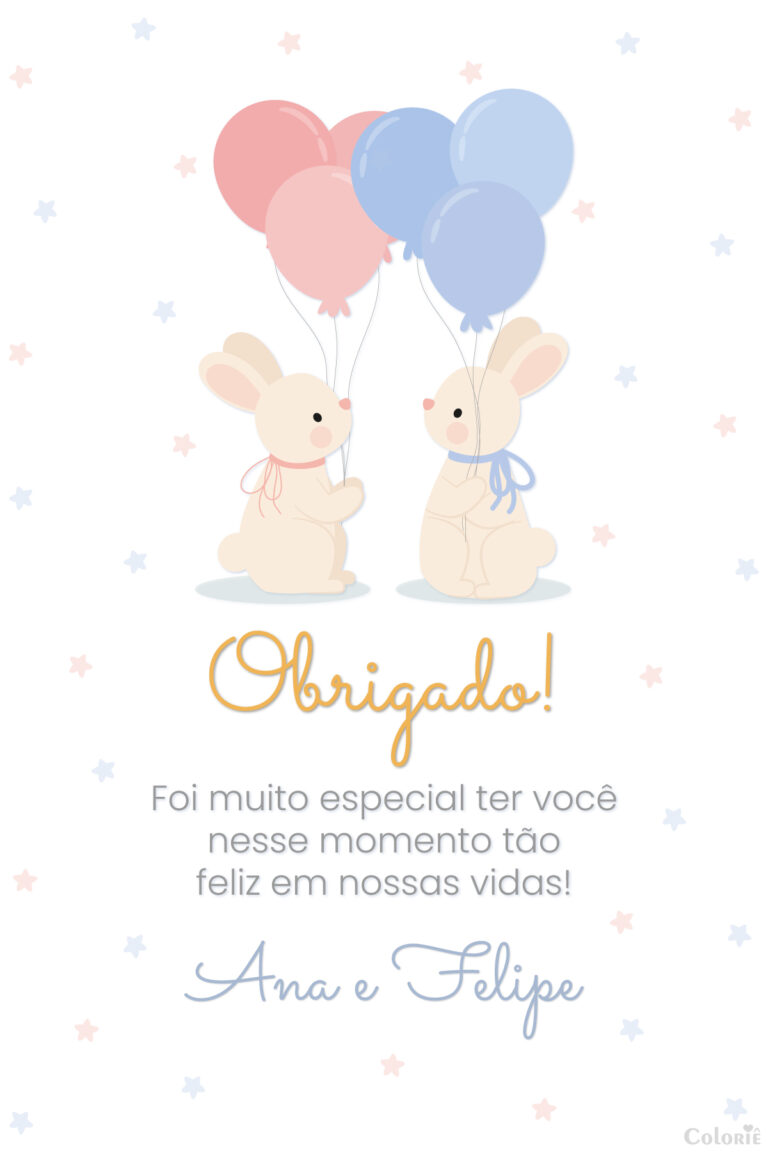 Cartão de agradecimento de chá revelação com coelhos e balões
