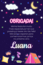 Cartão de agradecimento de festa do pijama neon com barraca e estrelas