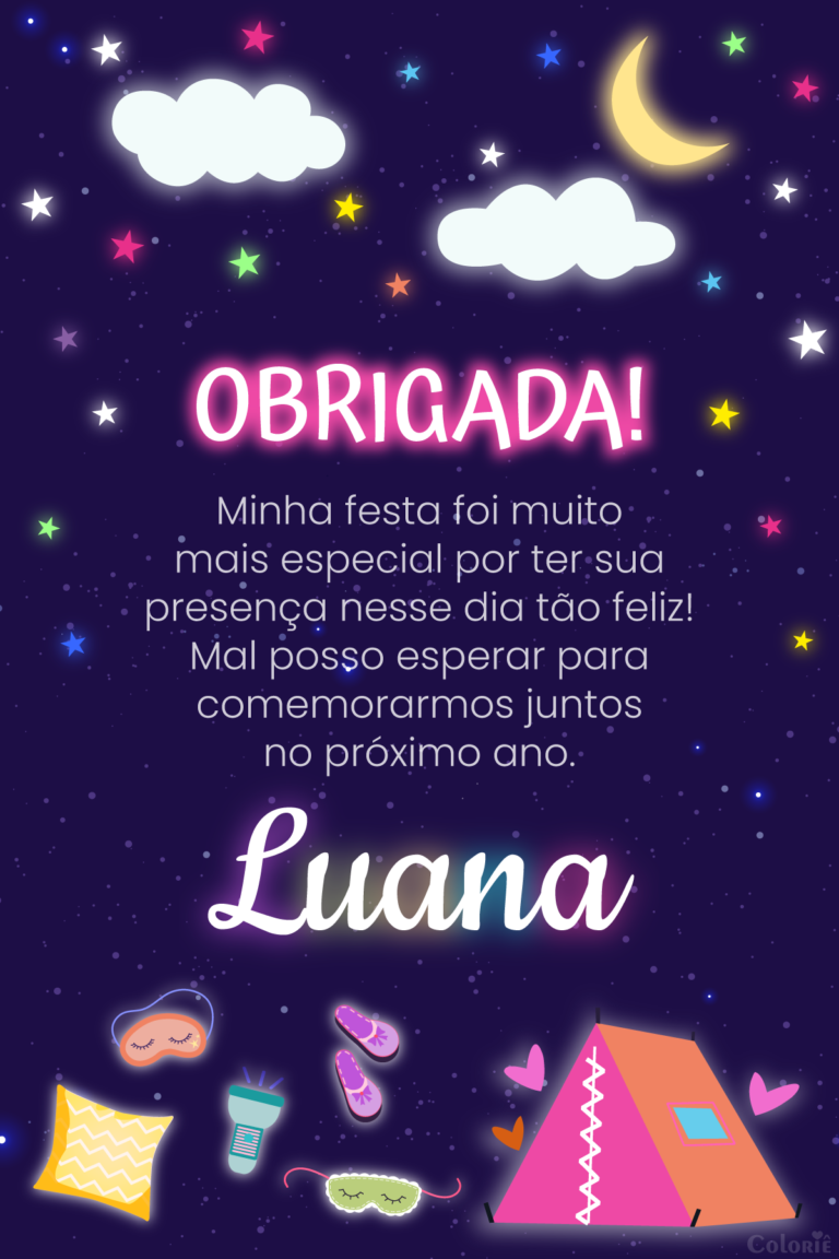 Cartão de agradecimento de festa do pijama neon com barraca e estrelas