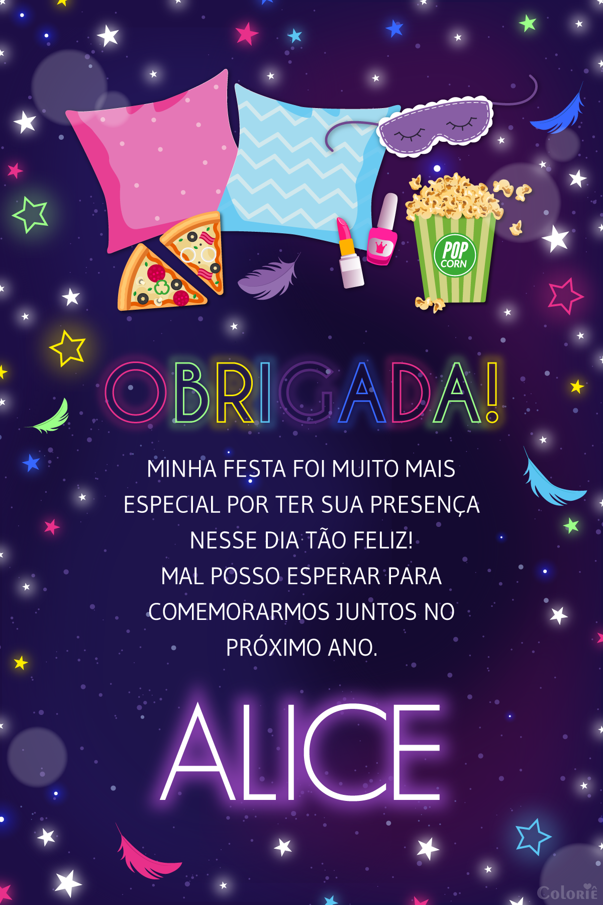 cartao-agradecimento-festa-do-pijama-neon-noite Convite Digital Pijama: Noite das Meninas Neon + Brinde - Imagem 2