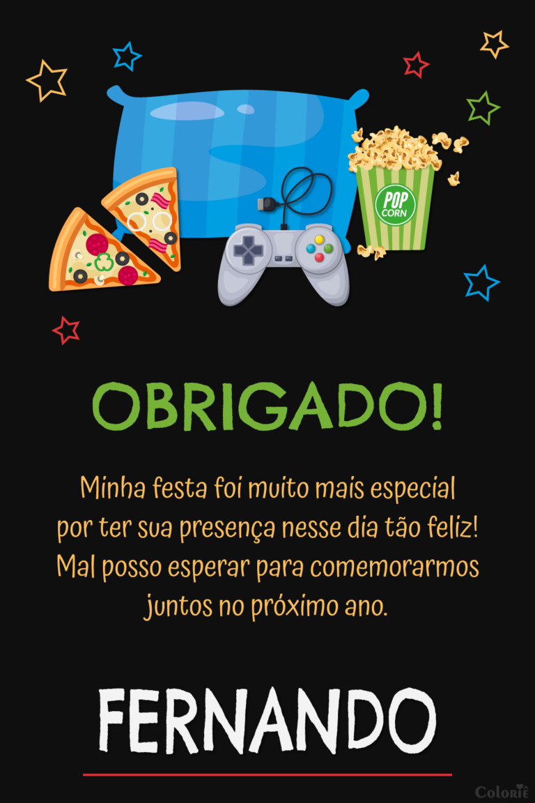 Cartão de agradecimento de festa do pijama com pizza, videogame e pipoca