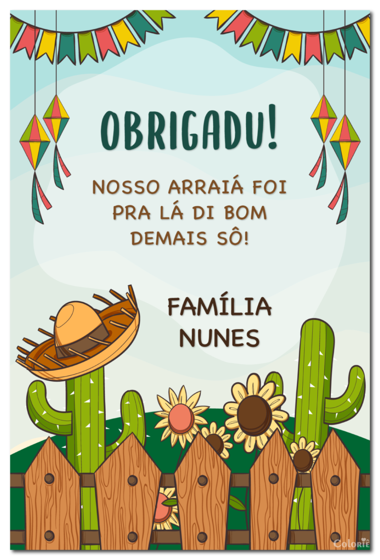 Cartão de agradecimento de festa junina com cerca e cactos