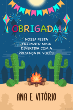Cartão de agradecimento de festa junina com cactos e fogueira