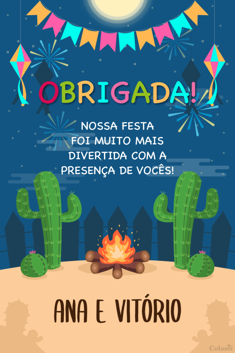 Cartão de agradecimento de festa junina com cactos e fogueira