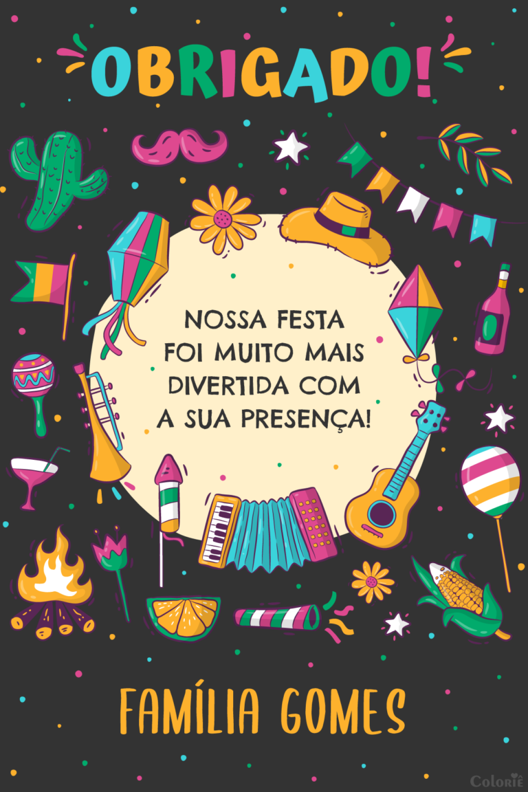 Cartão de agradecimento de festa junina com elementos coloridos