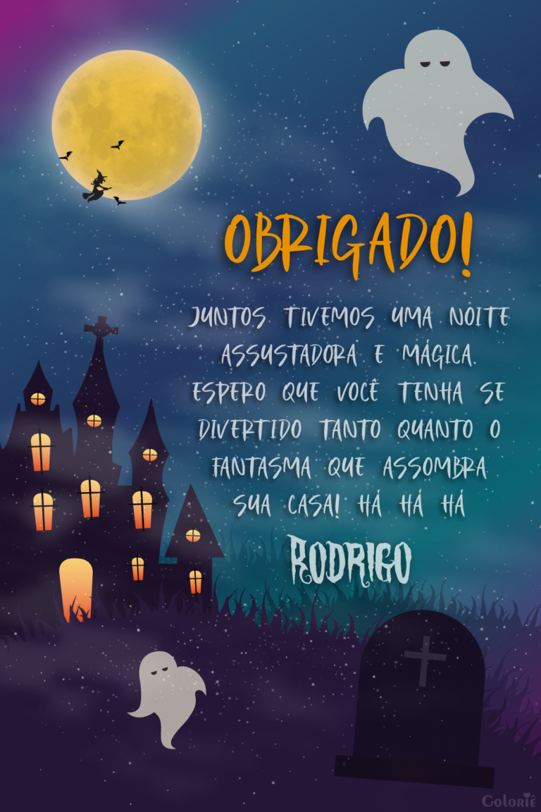 Cartão de agradecimento de Halloween com castelo, fantasmas e lua