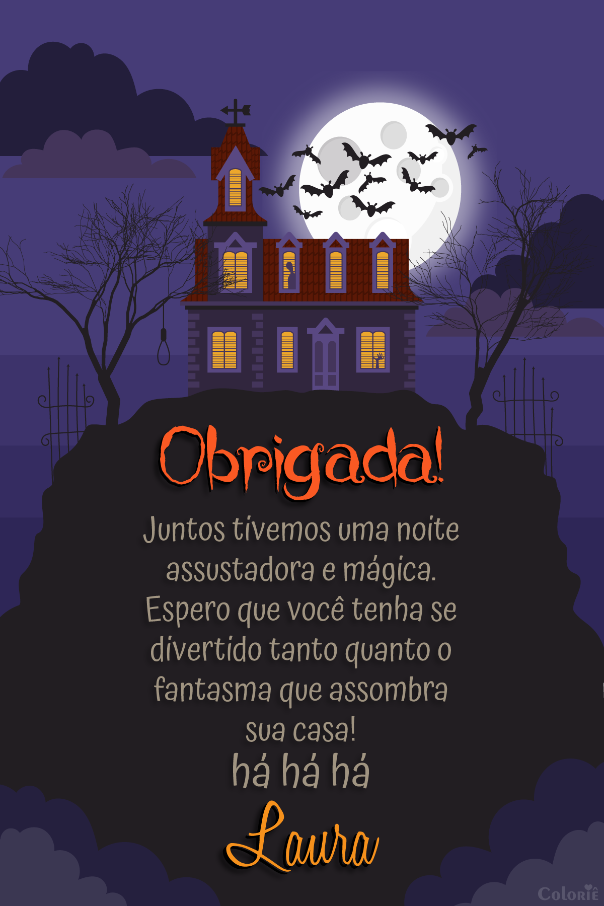 Cartão de agradecimento de Halloween com castelo, lua e morcegos