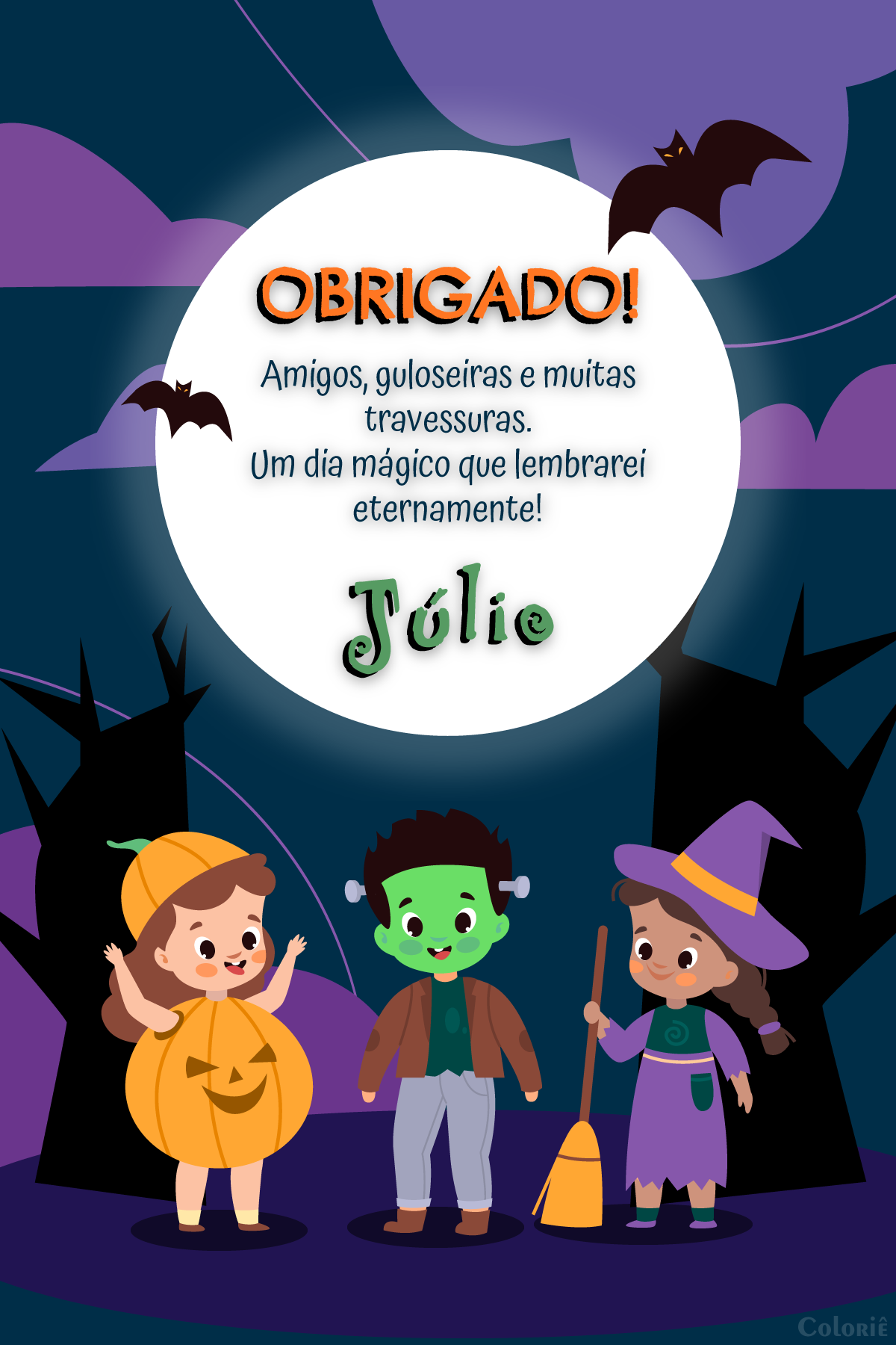 Cartão de agradecimento de Halloween com pessoas fantasiadas