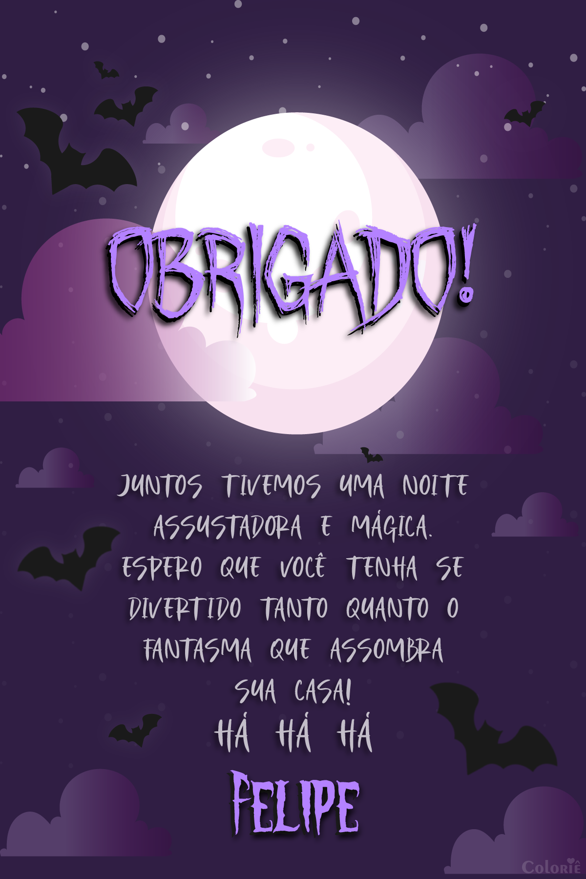Cartão de agradecimento de Halloween com lua e morcegos