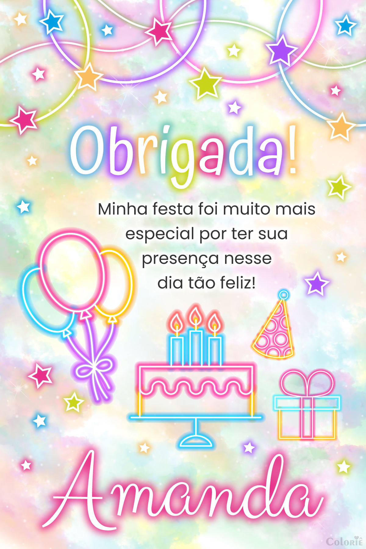 cartao-agradecimento-neon-cores-pasteis-aniversario Convite Digital Neon: Aniversário Cores Pasteis + Brinde - Imagem 2