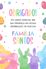Cartão de agradecimento de Páscoa com coelhos coloridos e ovos