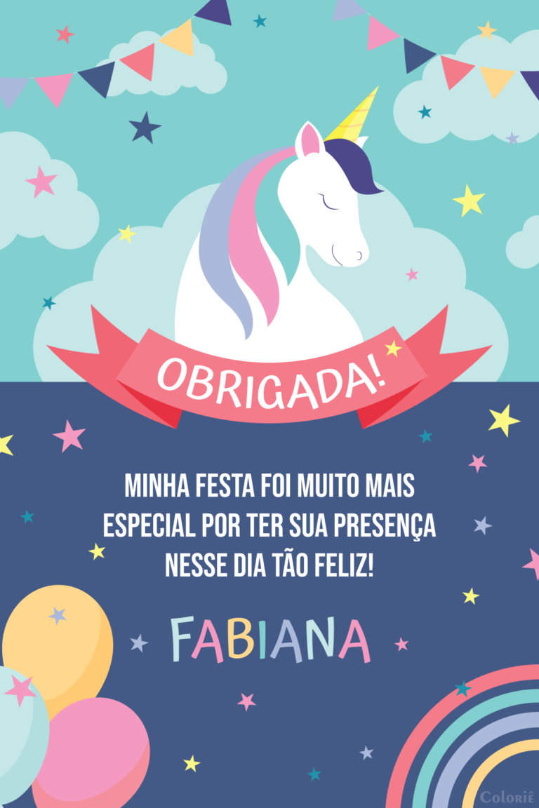 Cartão de agradecimento de unicórnio com bexigas e arco-íris