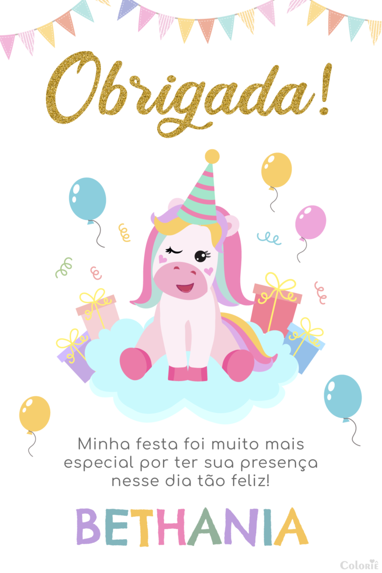 Cartão de agradecimento de unicórnio colorido com letras douradas