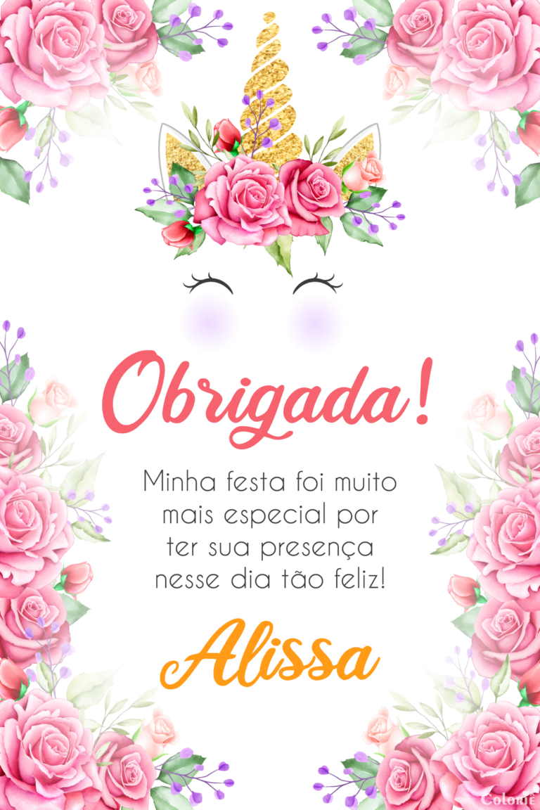Cartão de agradecimento de unicórnio dourado com rosas
