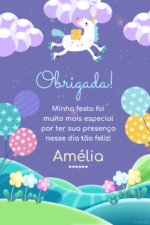 Cartão de agradecimento de unicórnio lilás com jardim