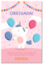 Cartão de agradecimento de unicórnio rosa com bexigas