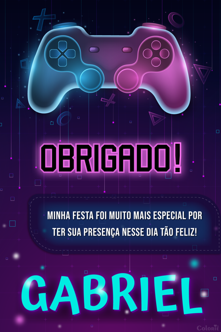 Cartão de agradecimento de videogame com controle rosa e azul